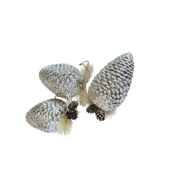 3 - 7” Tall Silver Shatterproof Pinecone Ornaments Christmas w/ String Hangers - Picture 1 of 3